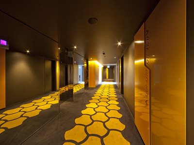 Photo of Lift Corridor with Gray and Yellow Carpet in Apartment Building