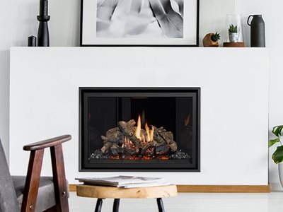 Lopi minimal finish gas fireplace in living room interior