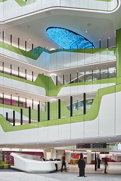 Portrait image of Perth Children's Hospital atrium space featuring Corian design