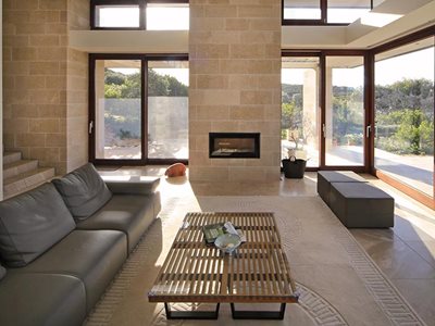 Rhodes Architectural Peninsula Amande Limestone Chimney Feature Livingroom