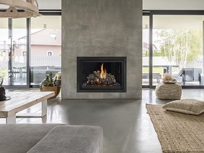 Lopi minimal finish gas fireplace in modern living room interior