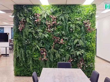 The custom-made green wall vertical garden in the main office space 