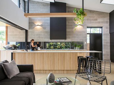 residential modern interior kitchen lounge area cement bricks