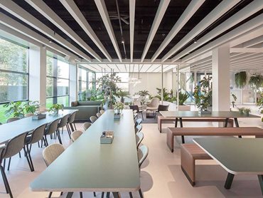POLYLAM vertical baffles have been used in the ceilings of the entrance area, the meeting and training rooms, and the restaurant