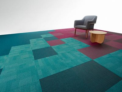 Signature Floors Interior View Pixel Blue and Maroon Carpet Tiles