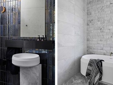 (L) Dark, iridescent and character-rich porcelain tiles in the children’s bathrooms; (R) The natural stone has been incorporated in three different textures 