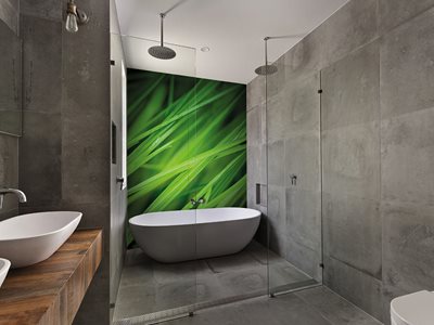 Bathroom interior with green splashback