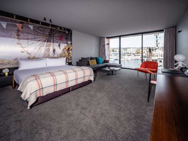 The Feltex carpet is also featured in the themed guestrooms with the Cable Bay cut pile twist 