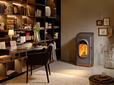 Home office interior with wood fire heater