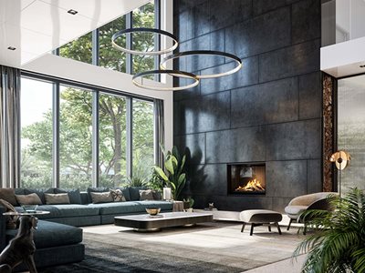 Modern Residential Interior Large Glass Facade and Fireplace