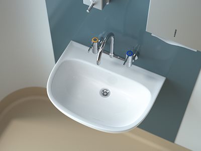 Caroma G Series+ Exposed Wall Sink Set Basin Tapware Blue Tiles