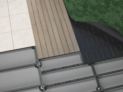 Outdure rendering QwickBuild frame system tile decking turf aluminim baseboard
