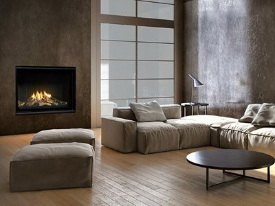 Modern Sleek Residential Interior with Grey Tones and Large Fireplace