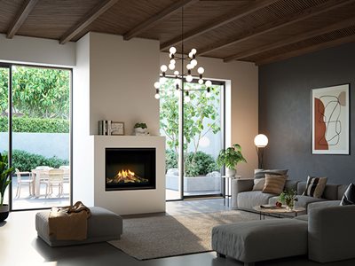Modern Residential Cosy Interior Timber Ceiling with Large Fireplace