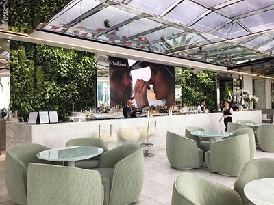 Hotel bar interior with green verticle garden