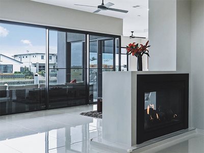 Lopi minimal double sided gas fireplace in modern living room interior