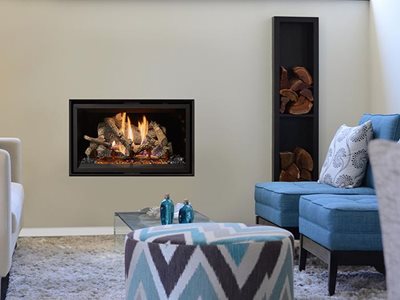 Lopi traditionally sized gas fireplace in living room interior