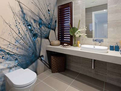 Bathroom interior with digitally printed blue splashback