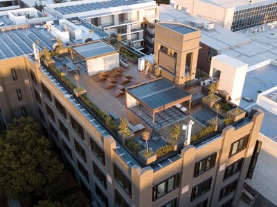 Aerial view of Outdure decking system on roof top 