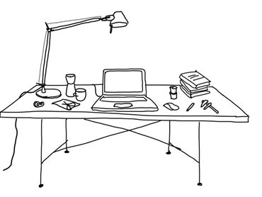 A sketch by Keiji Takeuchi of his at-home workstation, courtesy of the designer