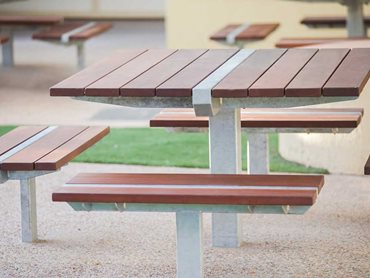 The picnic table frame and seating were manufactured from robust RHS with high quality Pacific Jarrah chosen for the hardwood component