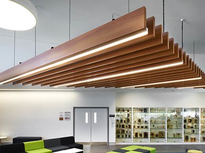 DecoWood Suspended Ceiling Beams with Integrated Lights in Commercial Museum Space