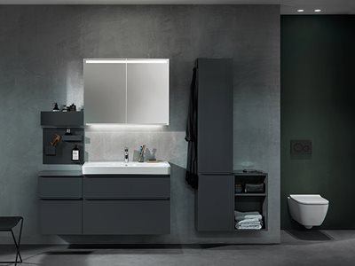 Geberit Tone-in-Tone Products in Modern Grey and Dark Green Residential Bathroom Interior