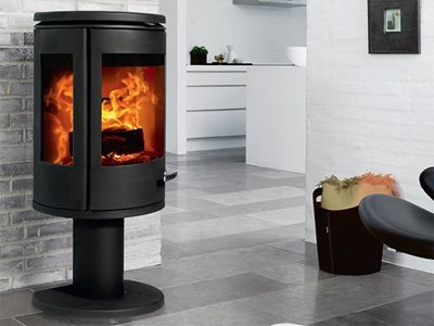 Castworks Morso Cast Iron Danish Wood Fire Heater in Modern White Living Room