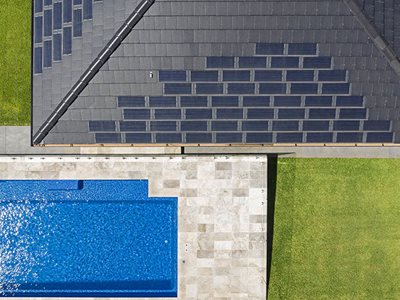 back yard swimming pool solar roof tiles