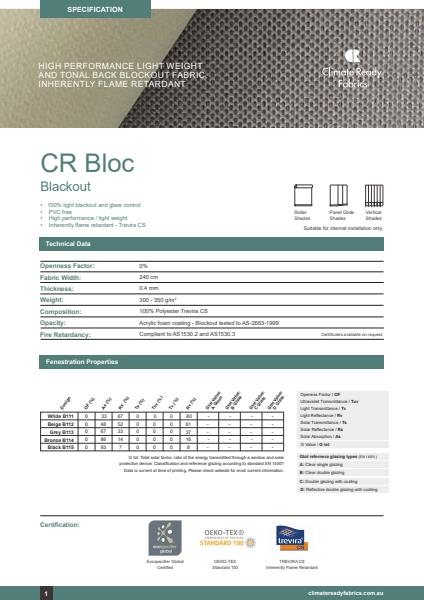 Horiso Climate Ready Fabrics CR Bloc Specification Sheet