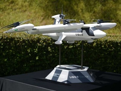 A model of Uber&#39;s electric vertical take-off and landing vehicle concept (eVTOL) flying taxi
