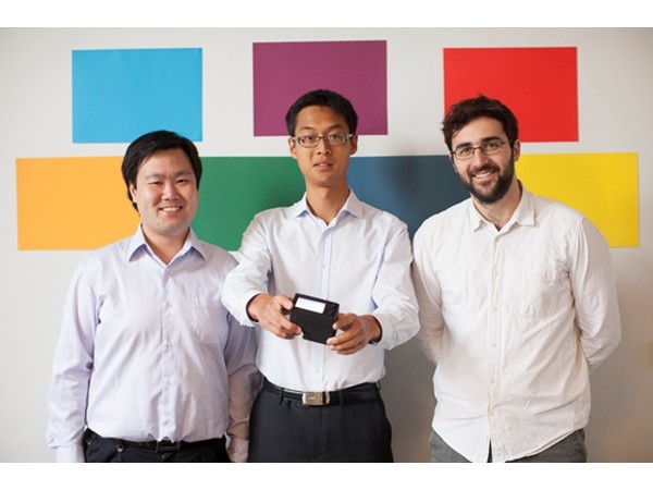 Co-founders of SwatchMate Rocky Liang, Paul Peng and Djordje Dikic with an early prototype of the Cube.