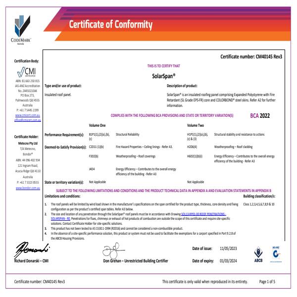 SolarSpan R03 Certificate of Conformity