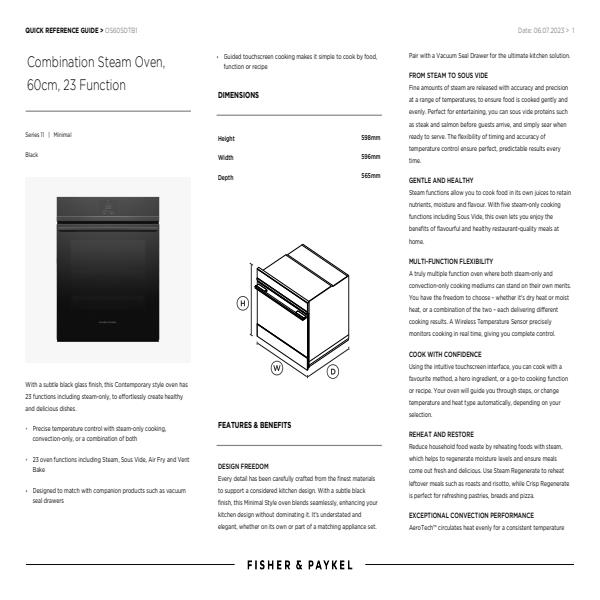 Fisher & Paykel Quick Reference Guide Combi Steam Oven