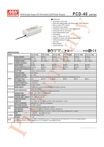 PCD-40 Specification Sheet
