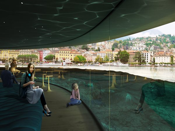 Glass public space looking into lake in Lugano