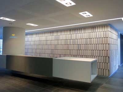 The reception feature wall was made using individually routered Western Red Cedar blocks with a limewash finish