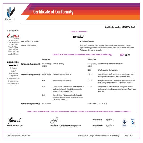 EconoClad CodeMark Certificate of Conformity