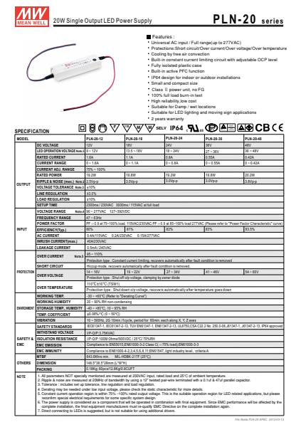 PLN-20 Specification Sheet
