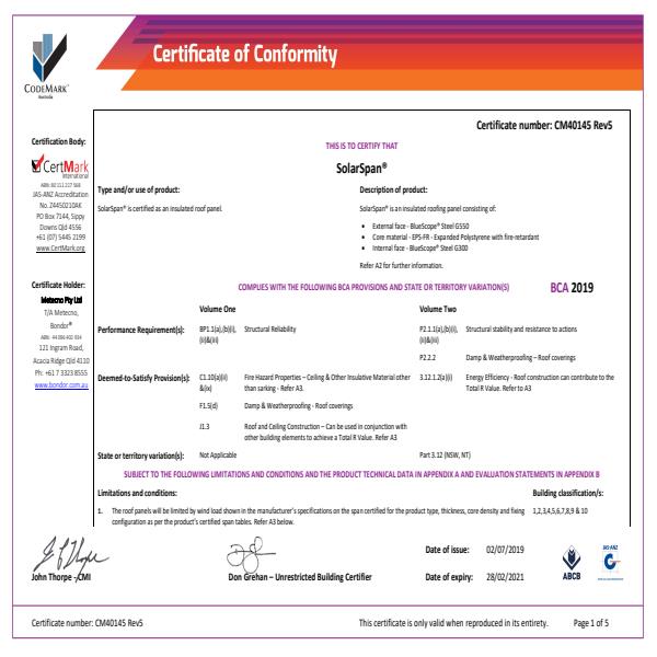 CodeMark Certificate of Conformity SolarSpan