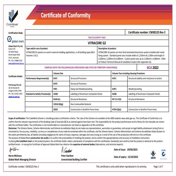 Vitracore G2 CodeMark Certification