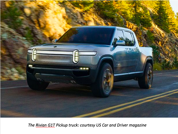 US Car & Driver lists the Rivian as one of 6 EV pickups in the works: the GM EVPU, the Ford 150, the Tesla Cybertruck (Elon Musk should never name things, cars or children), the Lordstown Endurance, and the Bollinger B2. Not to mention that electric utes can work inside a building, just as thousands of fork-lifts already do.