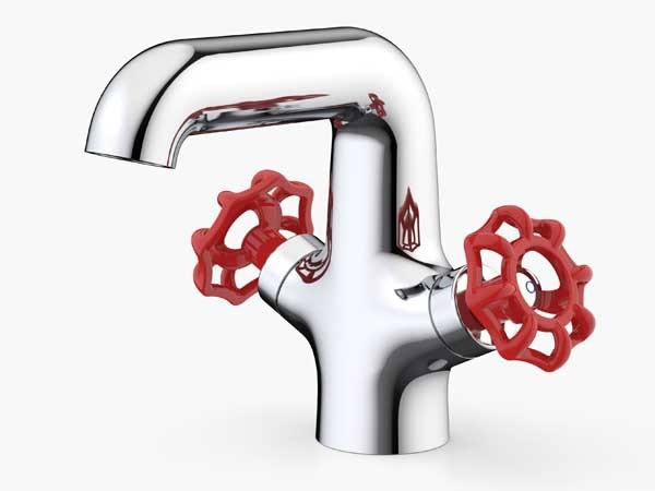 Industrie basin mixer with twin tap handles in red