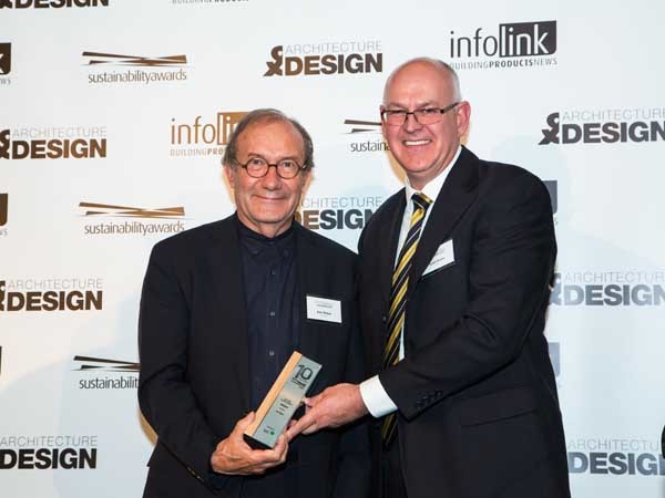 Ken Maher (left) from Hassell being awarded the Lifetime Achievement Award by Scott Evans of ZEGO
