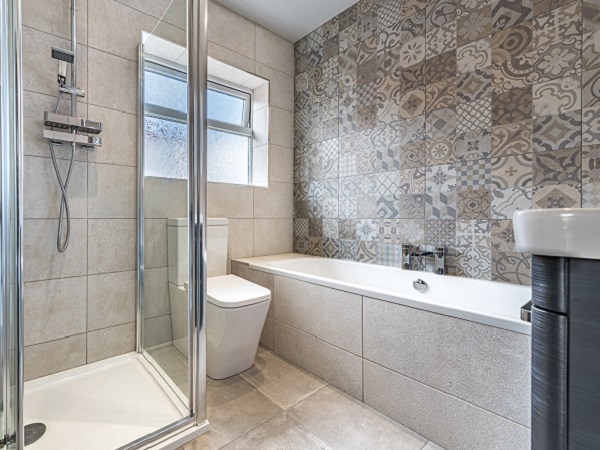 multi tiled bathroom feature wall