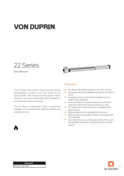 Von Duprin 22 Series Exit Devices Product Catalogue 