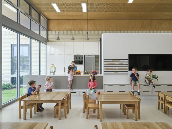 The centre’s design is driven by the pedagogical strategy that a child’s environment is fundamental to their development, incorporating indoor/outdoor connections, rhythm and movement, warmth, accessible scale and flexibility.