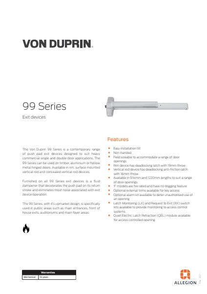 Von Duprin 99 Series Exit Devices Product Catalogue 
