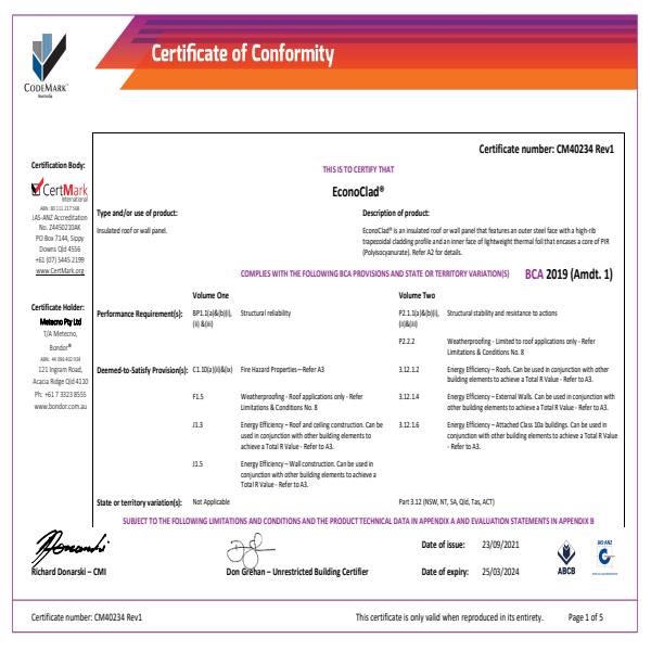 EconoClad RO1 Certificate Of Conformity 