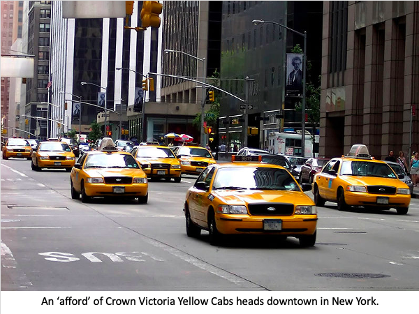 From 1980 to 2012 the car of choice for New York taxis was the Ford Crown Victoria (a Crown Vic), also used as a police car. These were standard retail (with rear wheel drive, a V8, and soft suspension) but had a longer wheelbase to give a bigger rear bench seat for either passengers or criminals. An acrylic screen separates the driver from the rear seat, which could take two or three, and luggage in the trunk.